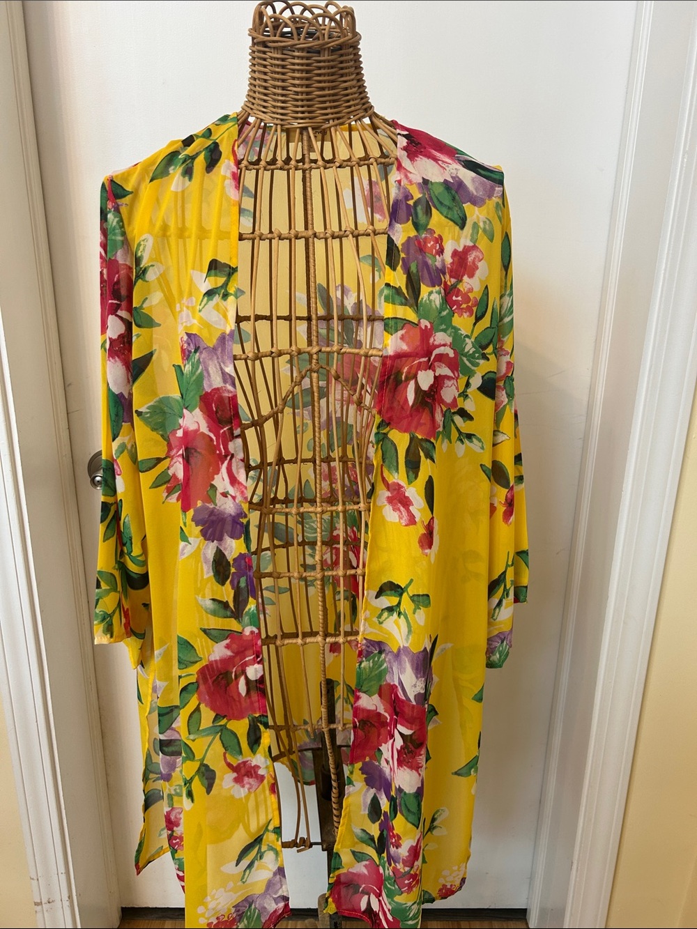Yellow Floral Open-Front Kimono Vest